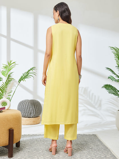 Janasya Women's Yellow Pure Cotton Embroidered Straight Kurta With Pant Set