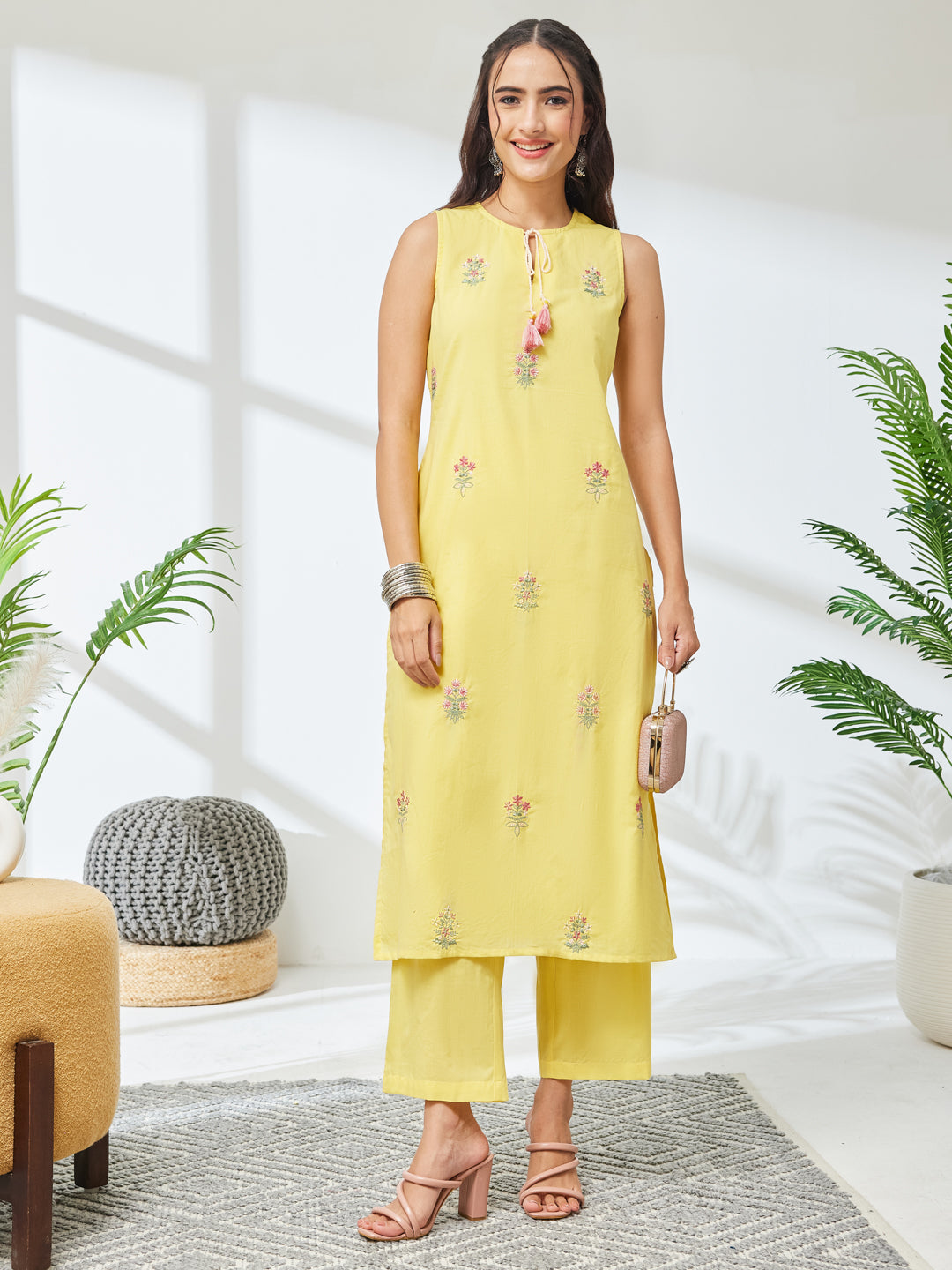 Janasya Women's Yellow Pure Cotton Embroidered Straight Kurta With Pant Set