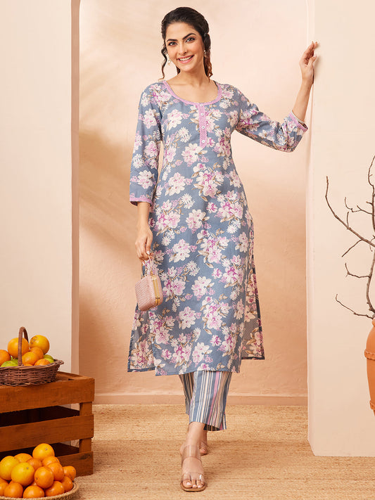 Janasya Women's Grey Pure Cotton Floral Printed Straight Kurta With Pant Set