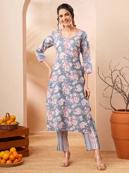 Janasya Women's Grey Pure Cotton Floral Printed Straight Kurta With Pant Set