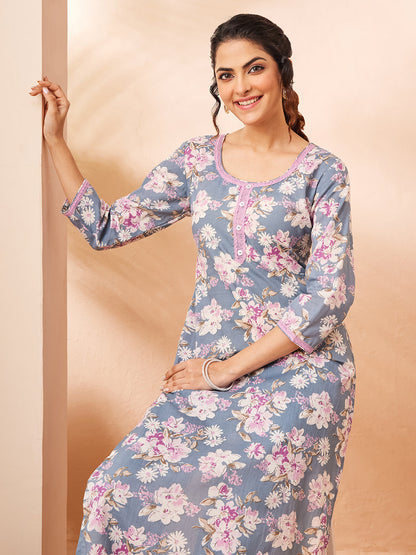 Janasya Women's Grey Pure Cotton Floral Printed Straight Kurta With Pant Set