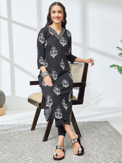 Janasya Women's Black Pure Cotton Ethnic Motifs Printed Straight Kurta With Pant Set
