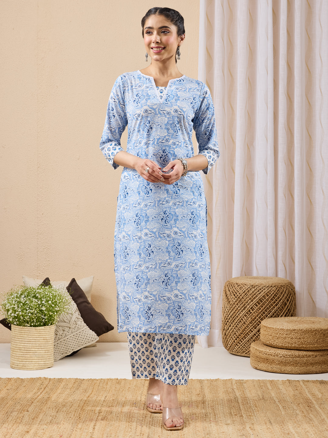 Janasya Women's Light Blue Pure Cotton Batik Printed Straight Kurta With Pant Set