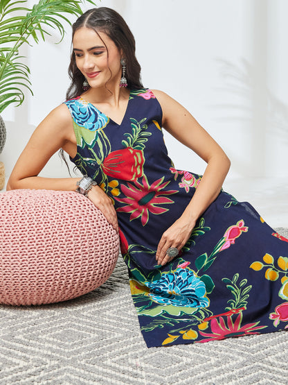 Janasya Women's Navy Blue Pure Cotton Floral Printed Straight Kurta With Pant Set