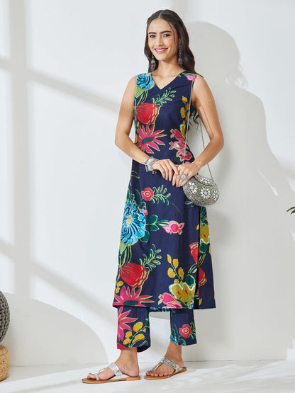 Janasya Women's Navy Blue Pure Cotton Floral Printed Straight Kurta With Pant Set