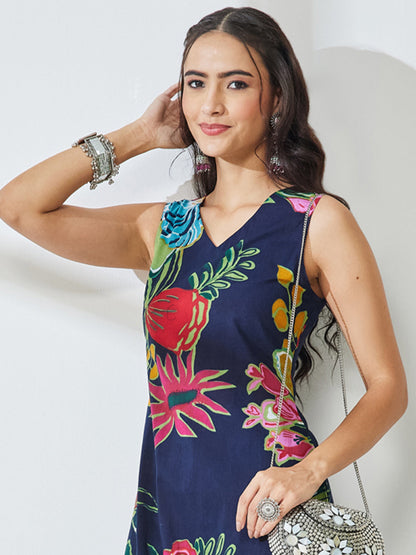 Janasya Women's Navy Blue Pure Cotton Floral Printed Straight Kurta With Pant Set