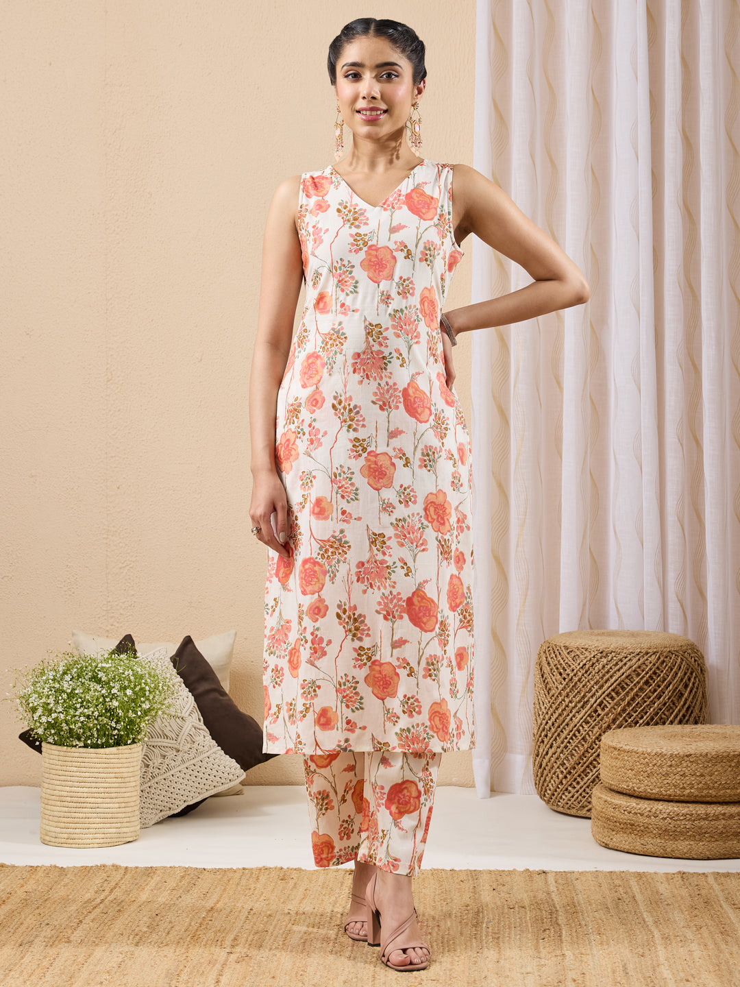 Janasya Women's Off White Pure Cotton Floral Printed Straight Kurta With Pant Set