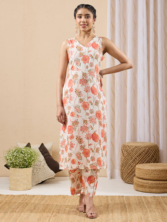 Janasya Women's Off White Pure Cotton Floral Printed Straight Kurta With Pant Set