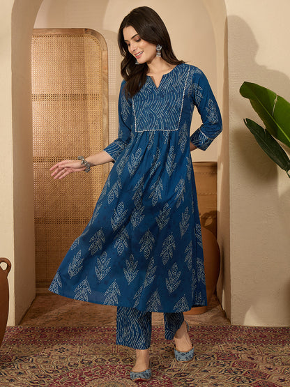 Janasya Women's Indigo Pure Cotton Bandhani Printed A-Line Kurta with Pant Set