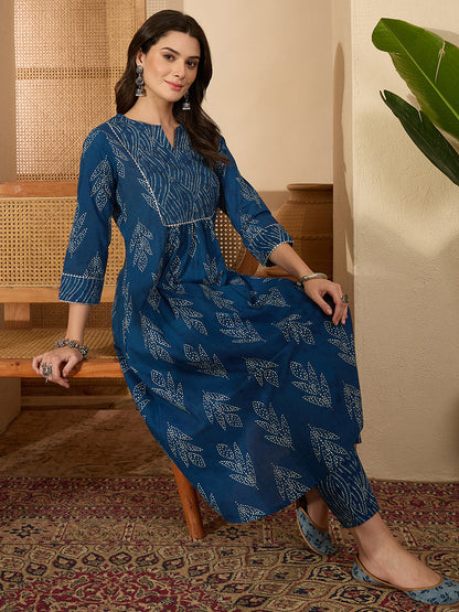 Janasya Women's Indigo Pure Cotton Bandhani Printed A-Line Kurta with Pant Set