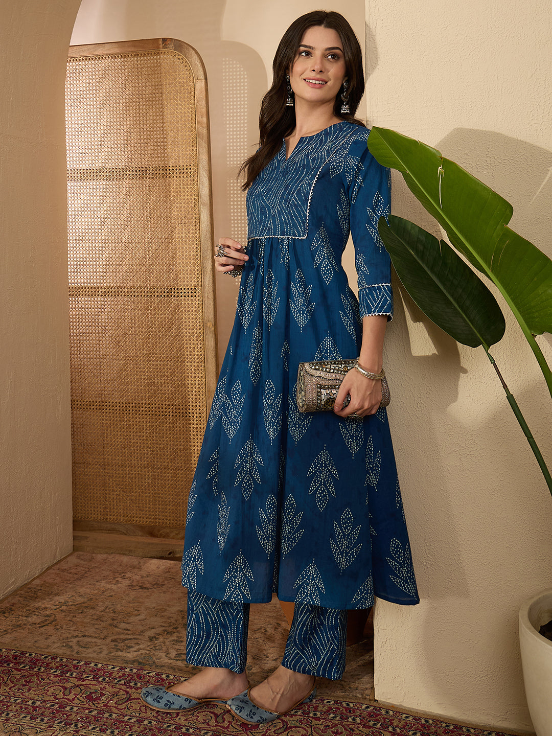 Janasya Women's Indigo Pure Cotton Bandhani Printed A-Line Kurta with Pant Set