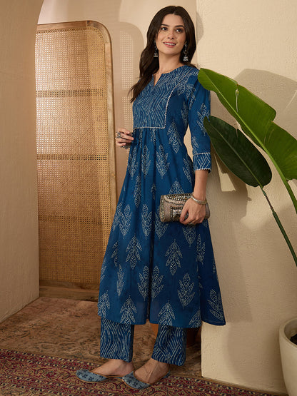 Janasya Women's Indigo Pure Cotton Bandhani Printed A-Line Kurta with Pant Set
