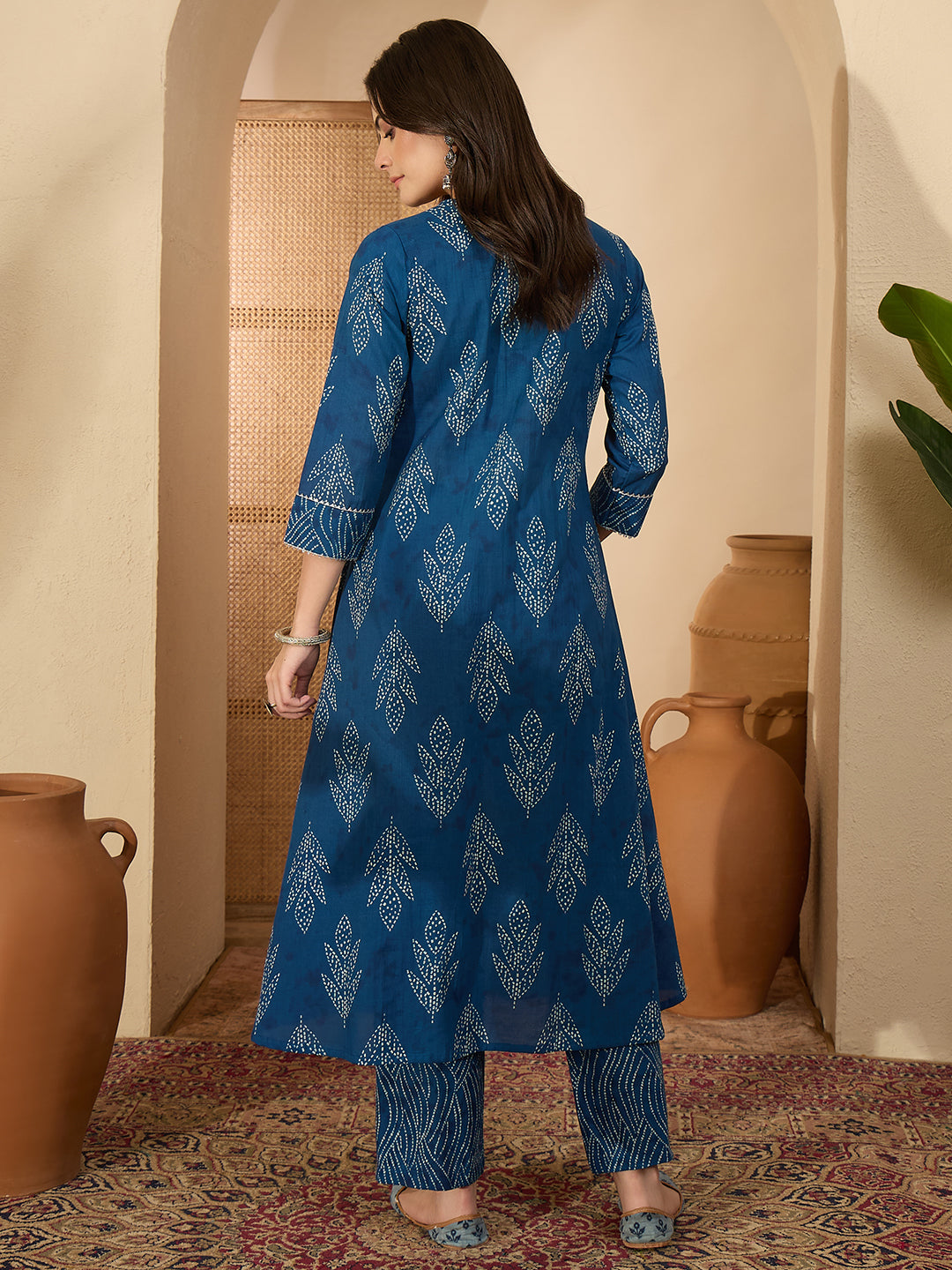 Janasya Women's Indigo Pure Cotton Bandhani Printed A-Line Kurta with Pant Set