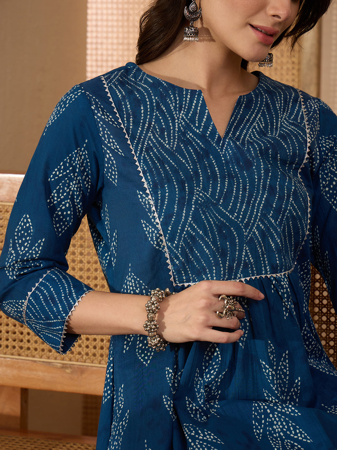 Janasya Women's Indigo Pure Cotton Bandhani Printed A-Line Kurta with Pant Set