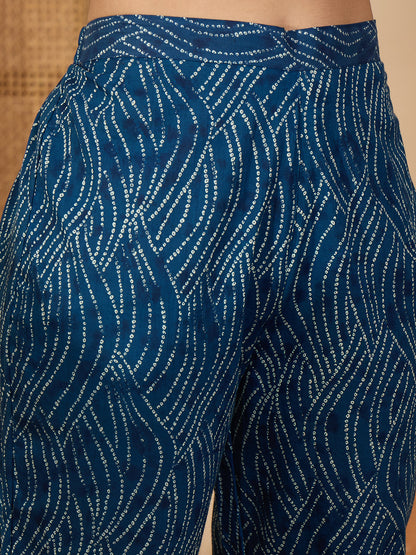 Janasya Women's Indigo Pure Cotton Bandhani Printed A-Line Kurta with Pant Set