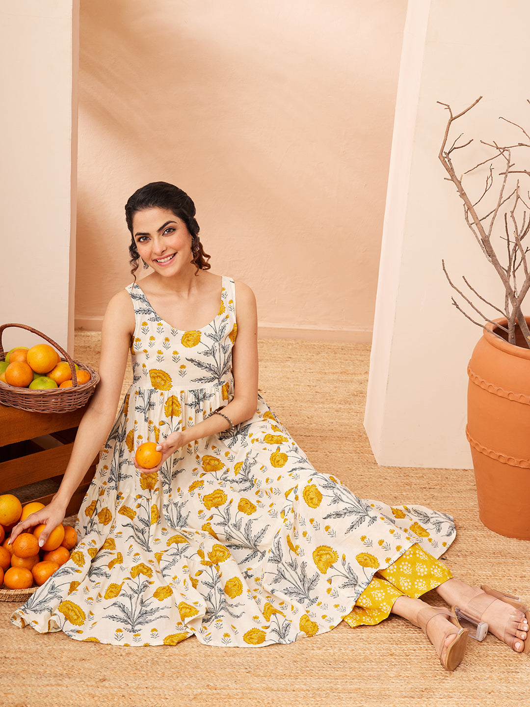 Janasya Women's Off White Pure Cotton Floral Printed Tiered Kurta Pant Set