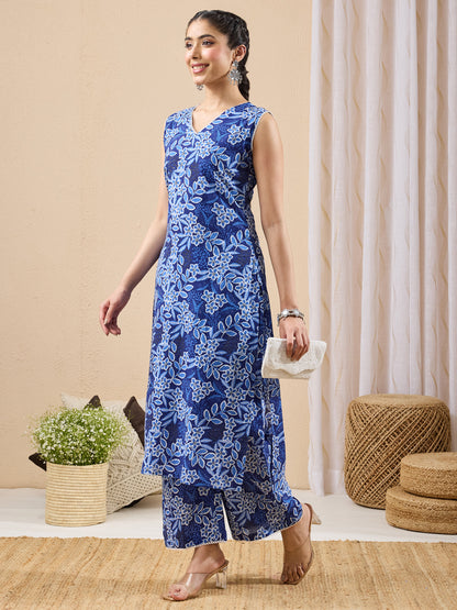 Janasya Women's Blue Pure Cotton Floral Printed Straight Kurta Pant Set