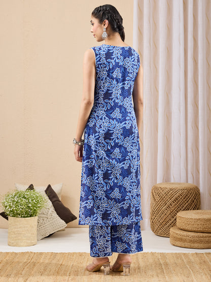 Janasya Women's Blue Pure Cotton Floral Printed Straight Kurta Pant Set