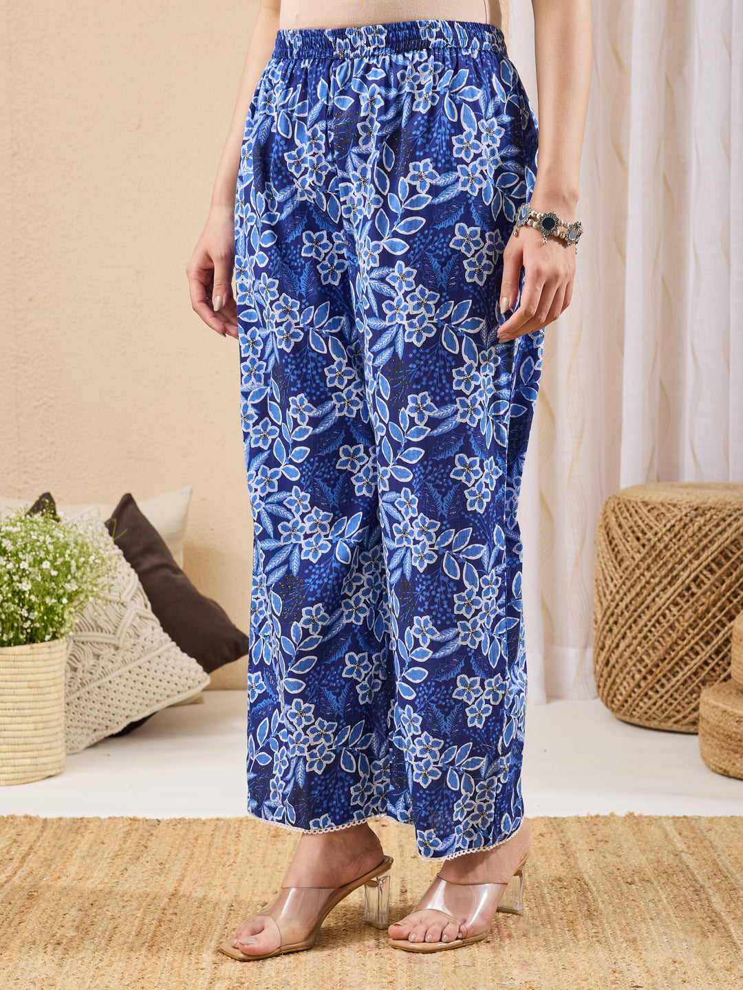 Janasya Women's Blue Pure Cotton Floral Printed Straight Kurta Pant Set