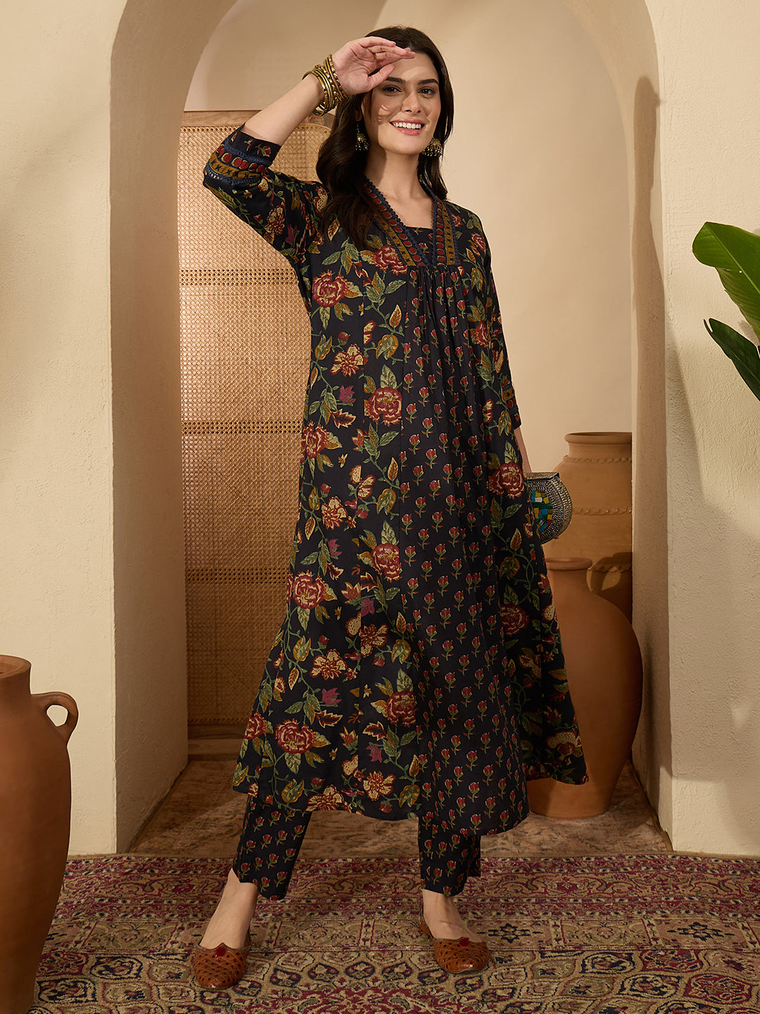 Janasya Women's Navy Blue Pure Cotton Floral Printed A-Line Kurta with Pant Set
