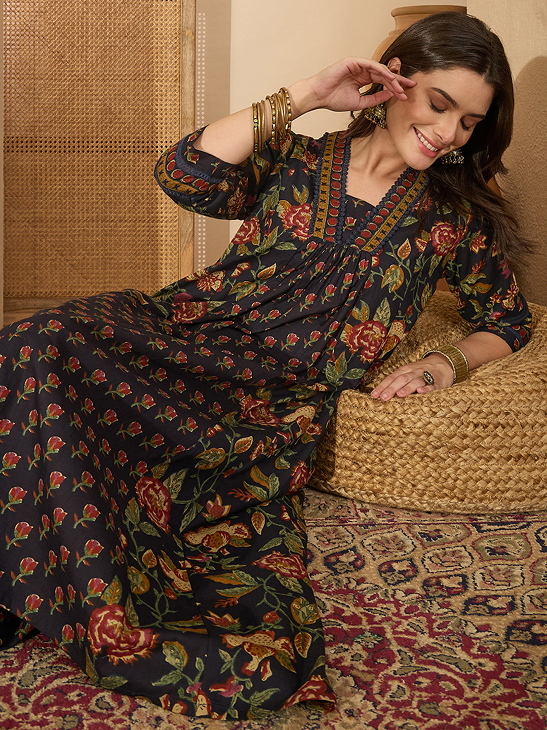 Janasya Women's Navy Blue Pure Cotton Floral Printed A-Line Kurta with Pant Set