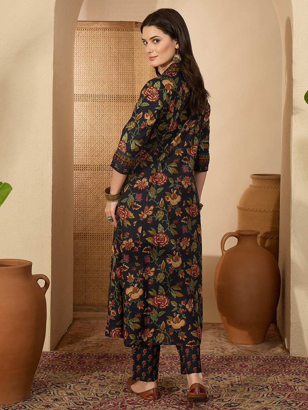 Janasya Women's Navy Blue Pure Cotton Floral Printed A-Line Kurta with Pant Set