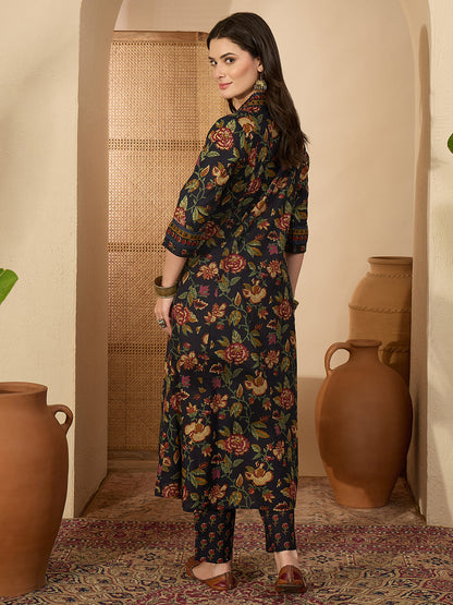 Janasya Women's Navy Blue Pure Cotton Floral Printed A-Line Kurta with Pant Set