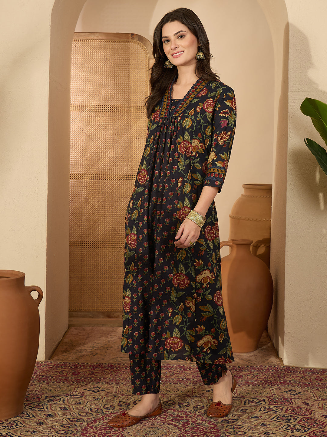 Janasya Women's Navy Blue Pure Cotton Floral Printed A-Line Kurta with Pant Set
