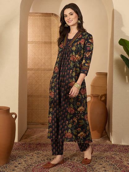 Janasya Women's Navy Blue Pure Cotton Floral Printed A-Line Kurta with Pant Set