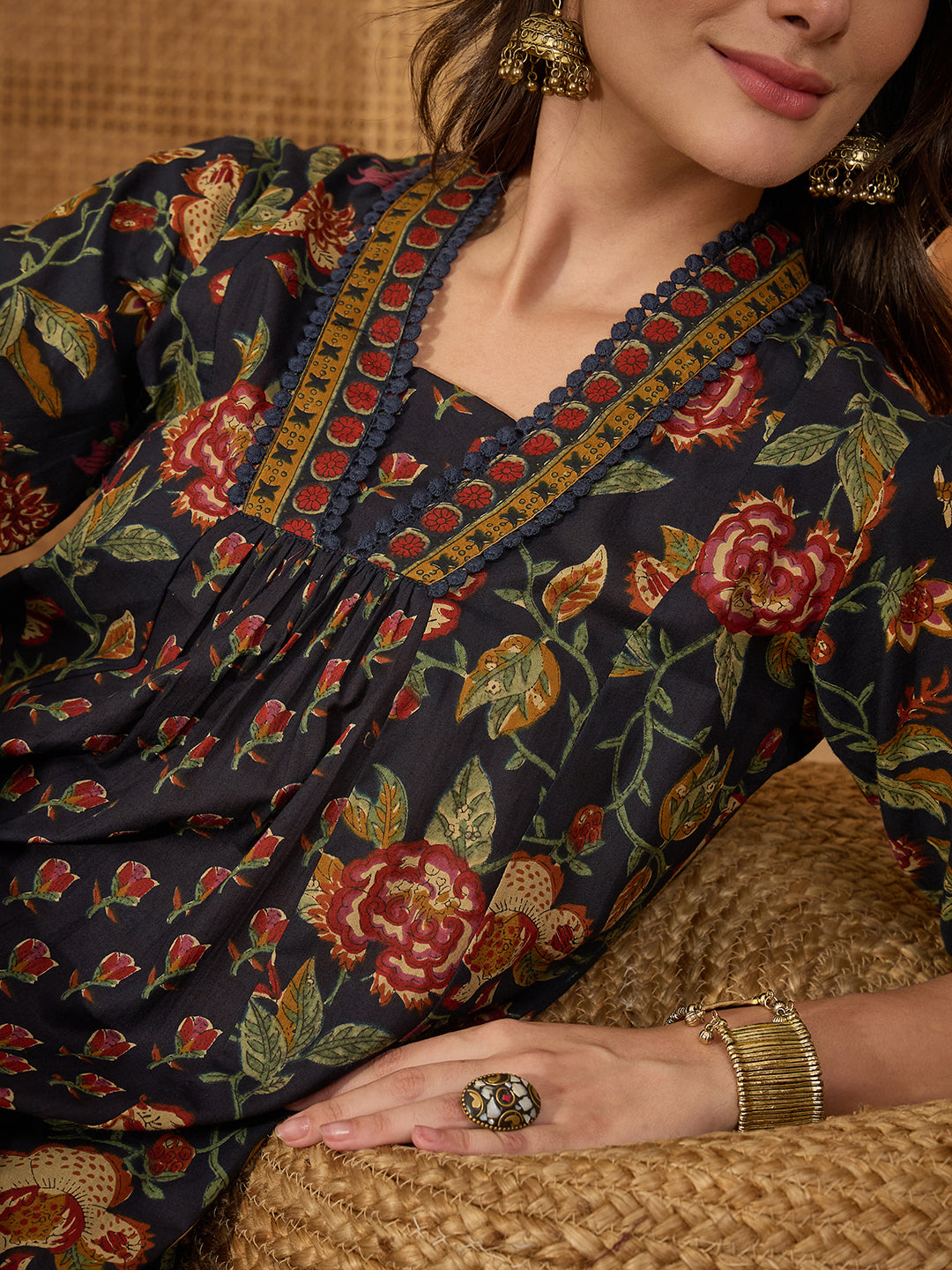 Janasya Women's Navy Blue Pure Cotton Floral Printed A-Line Kurta with Pant Set