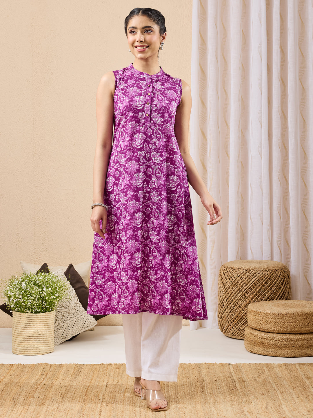 Janasya Women's Purple Pure Cotton Floral Printed A-line Kurta