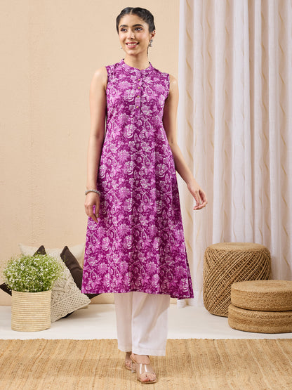 Janasya Women's Purple Pure Cotton Floral Printed A-line Kurta