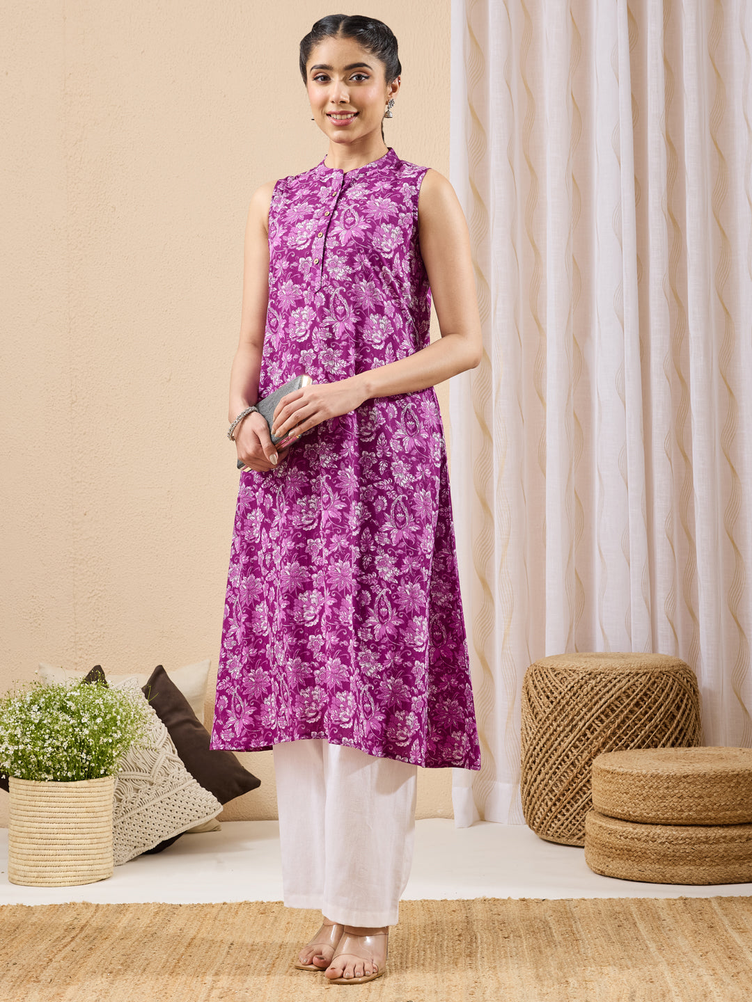 Janasya Women's Purple Pure Cotton Floral Printed A-line Kurta