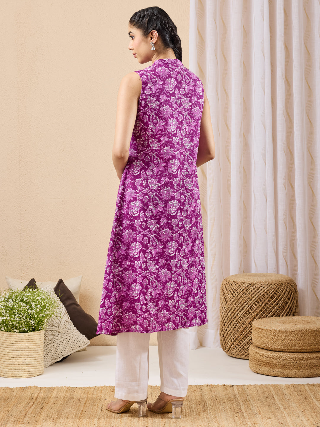Janasya Women's Purple Pure Cotton Floral Printed A-line Kurta