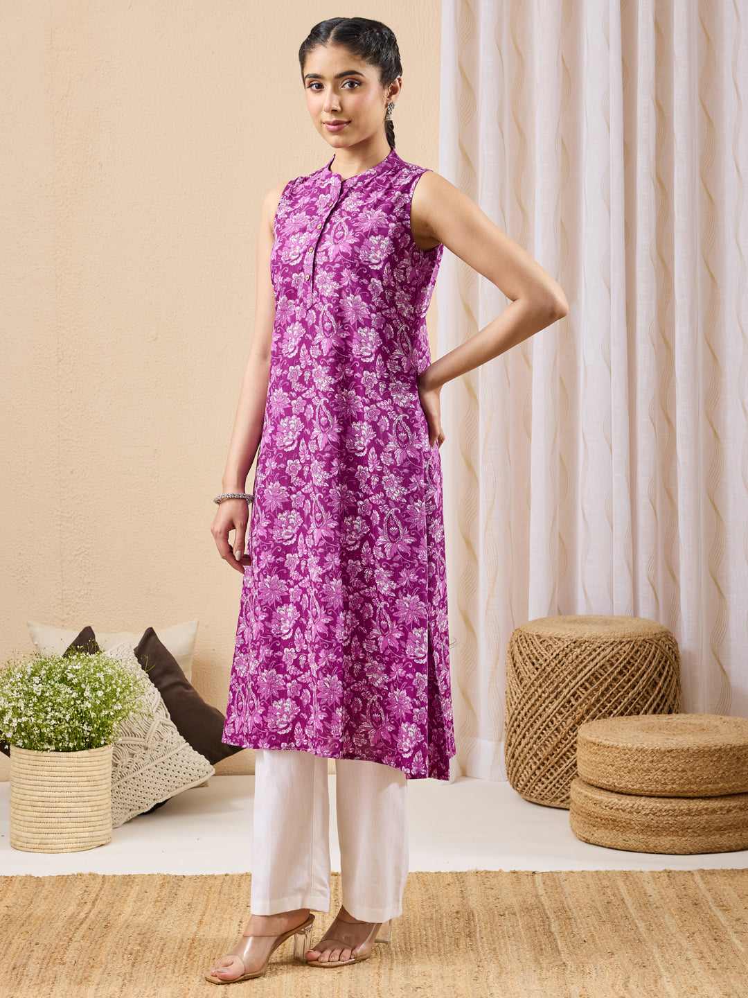 Janasya Women's Purple Pure Cotton Floral Printed A-line Kurta