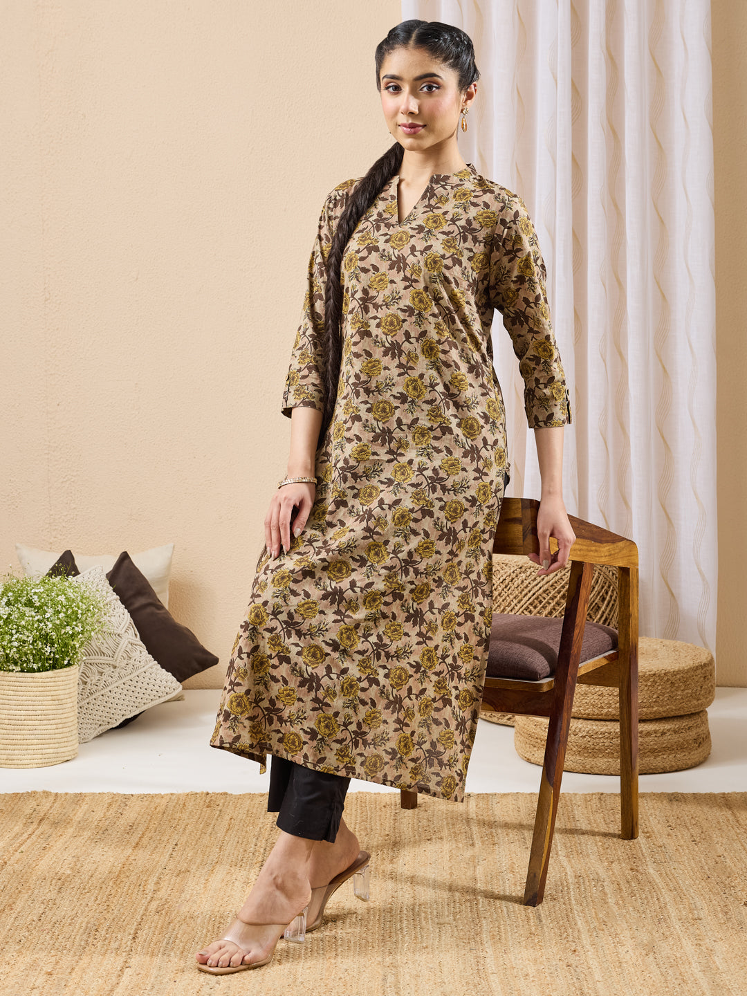 Janasya Women's Brown Pure Cotton Floral Printed Straight Kurta