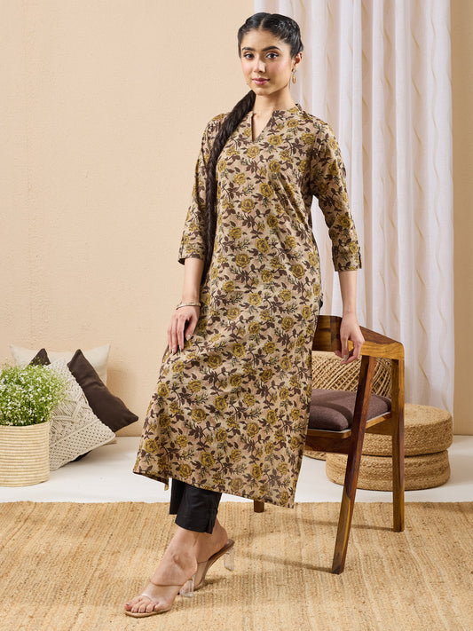 Janasya Women's Brown Pure Cotton Floral Printed Straight Kurta