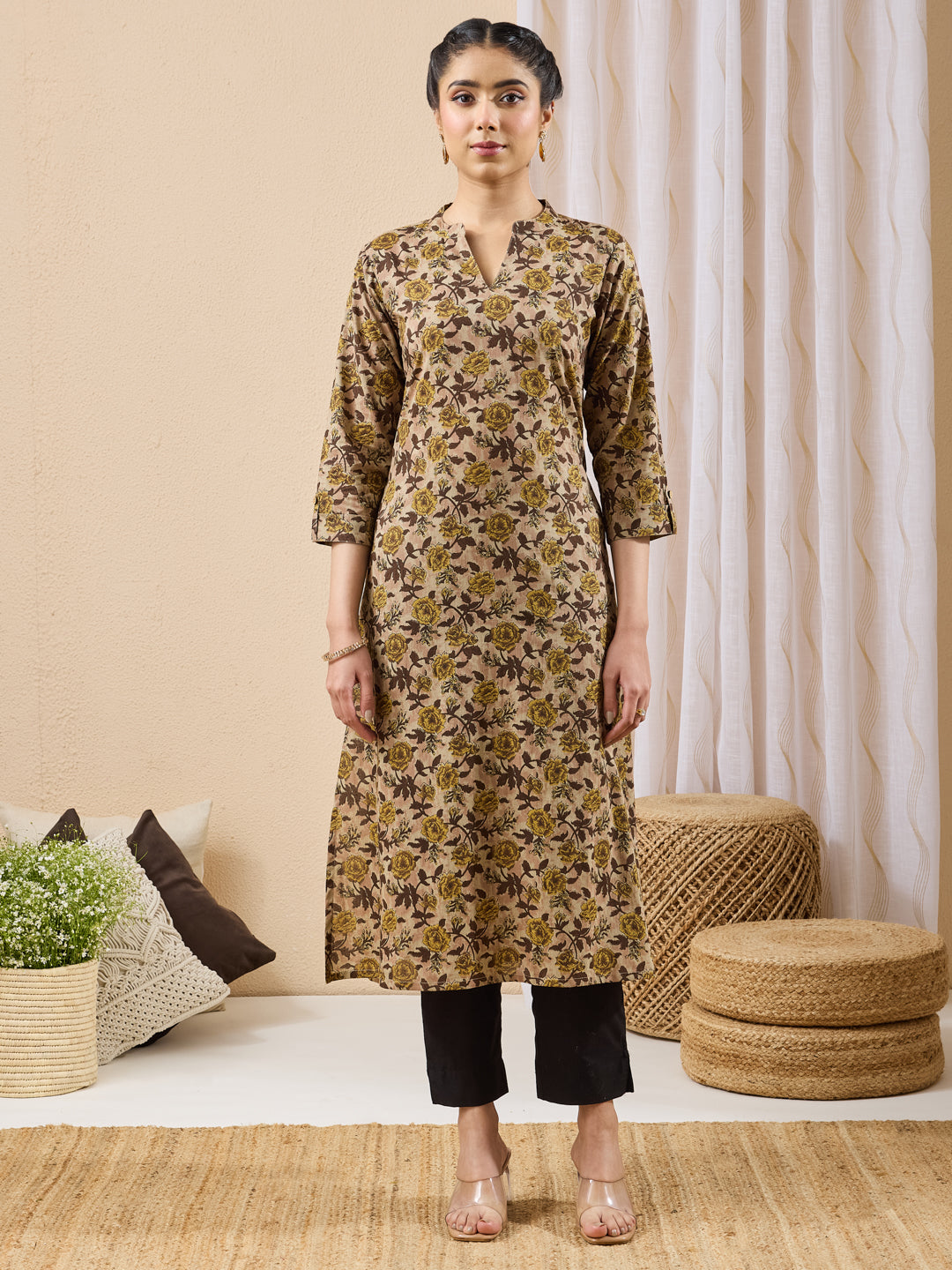 Janasya Women's Brown Pure Cotton Floral Printed Straight Kurta