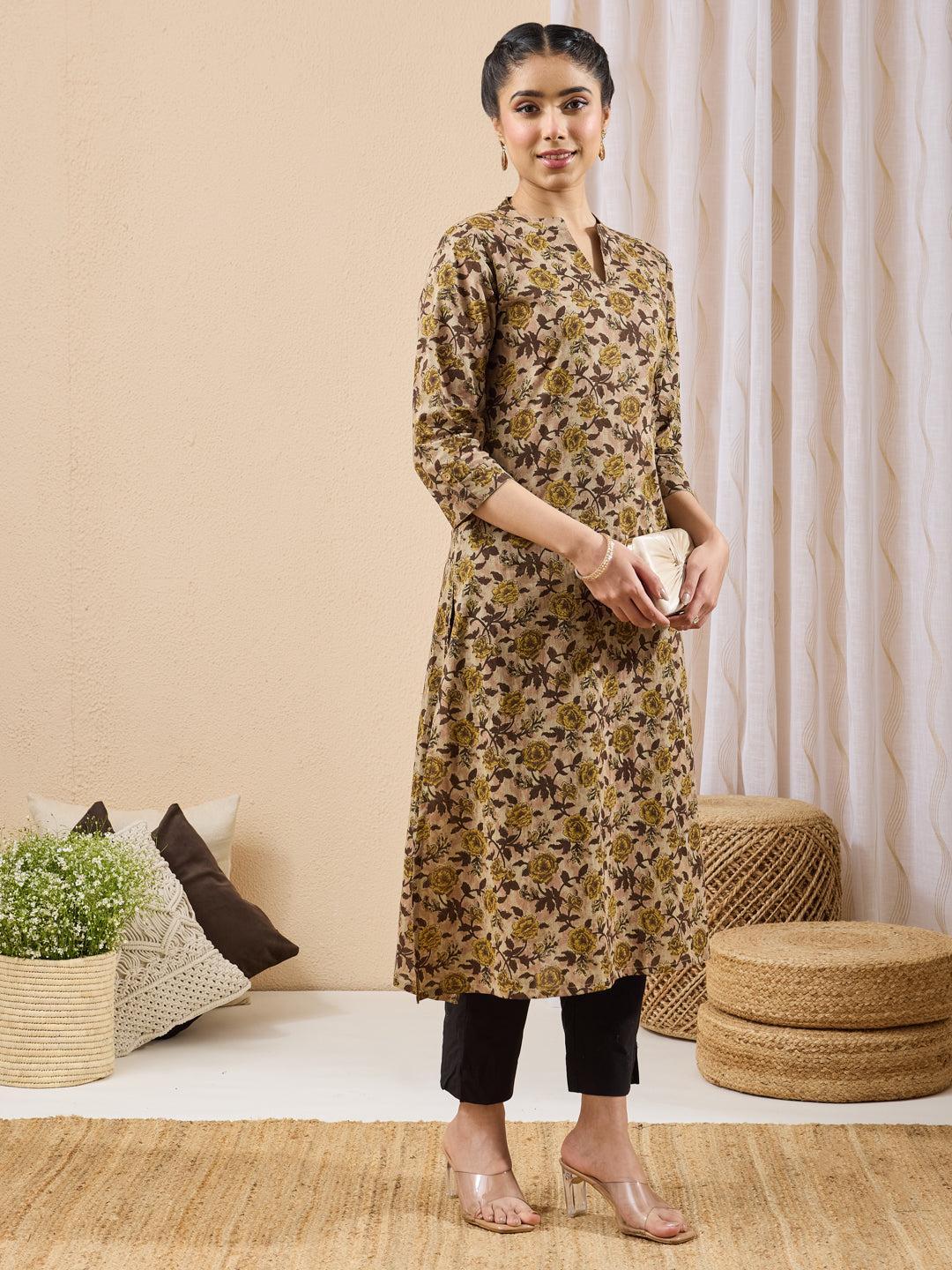 Janasya Women's Brown Pure Cotton Floral Printed Straight Kurta