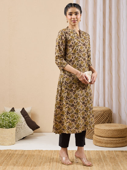 Janasya Women's Brown Pure Cotton Floral Printed Straight Kurta