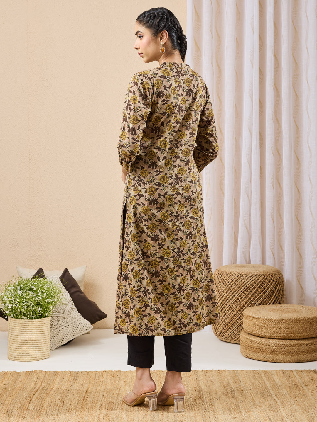 Janasya Women's Brown Pure Cotton Floral Printed Straight Kurta