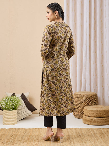 Janasya Women's Brown Pure Cotton Floral Printed Straight Kurta