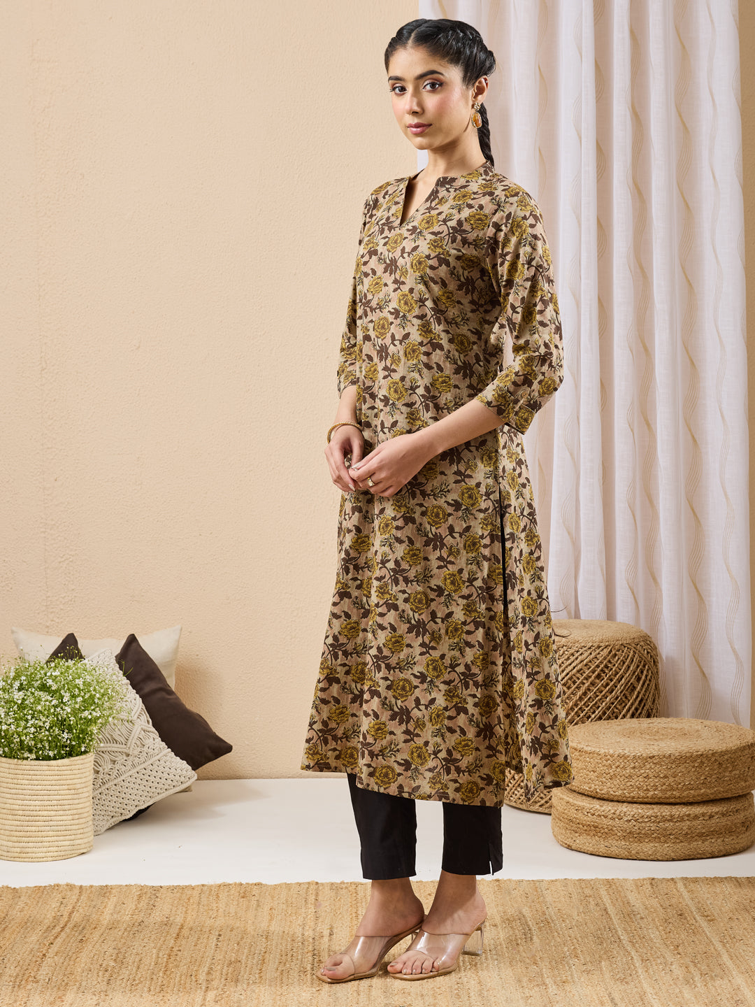 Janasya Women's Brown Pure Cotton Floral Printed Straight Kurta