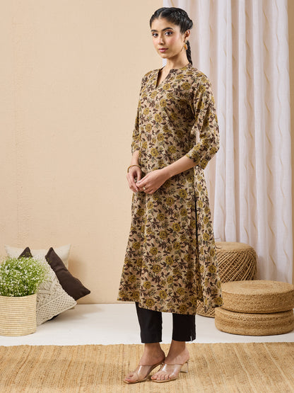 Janasya Women's Brown Pure Cotton Floral Printed Straight Kurta