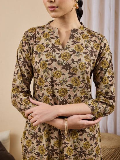 Janasya Women's Brown Pure Cotton Floral Printed Straight Kurta