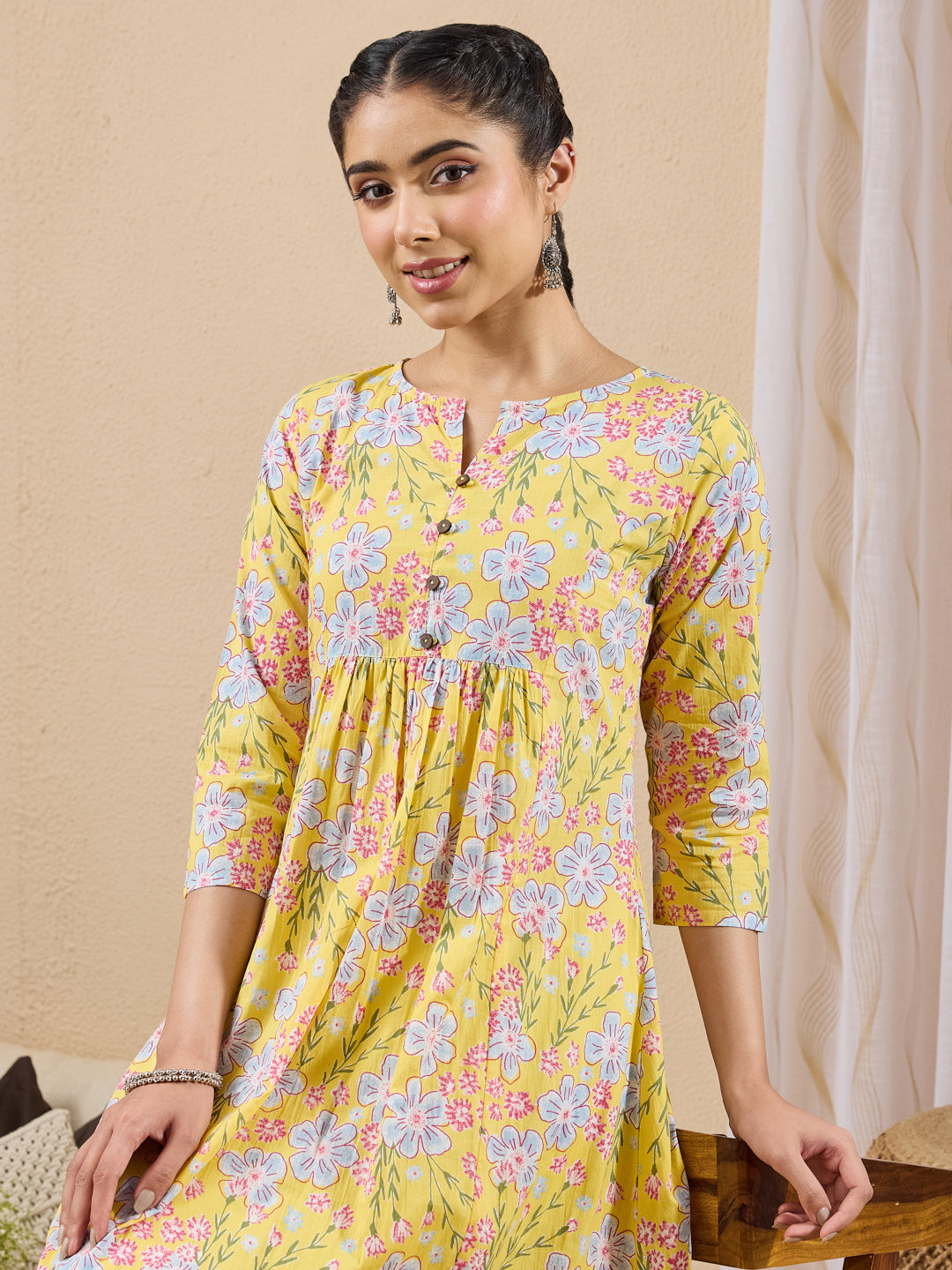 Janasya Women's Yellow Pure Cotton Floral Printed A-line Kurta