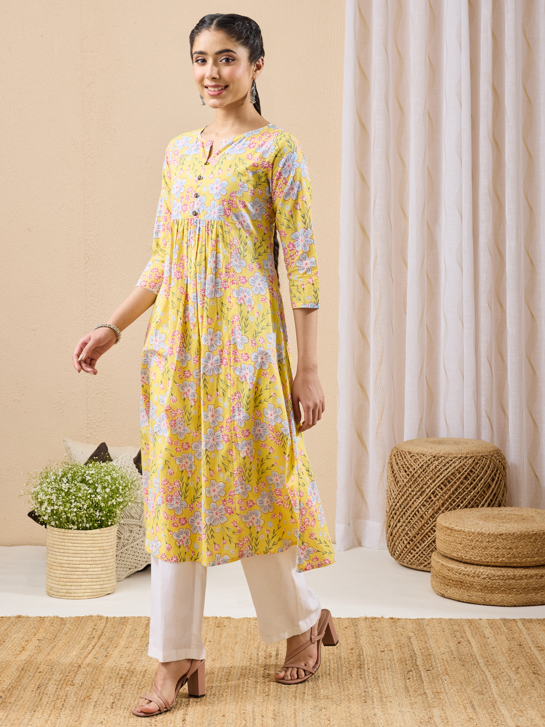 Janasya Women's Yellow Pure Cotton Floral Printed A-line Kurta