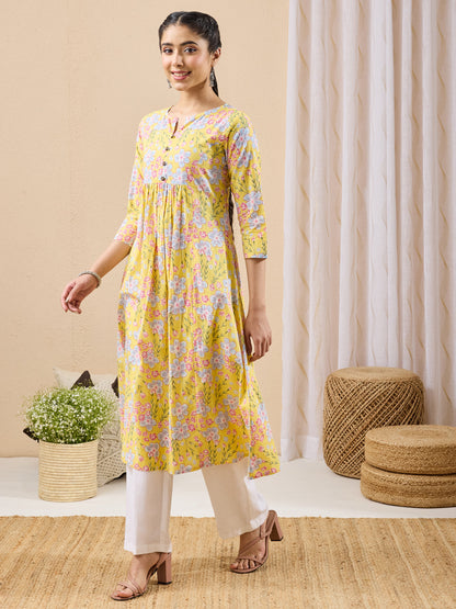 Janasya Women's Yellow Pure Cotton Floral Printed A-line Kurta