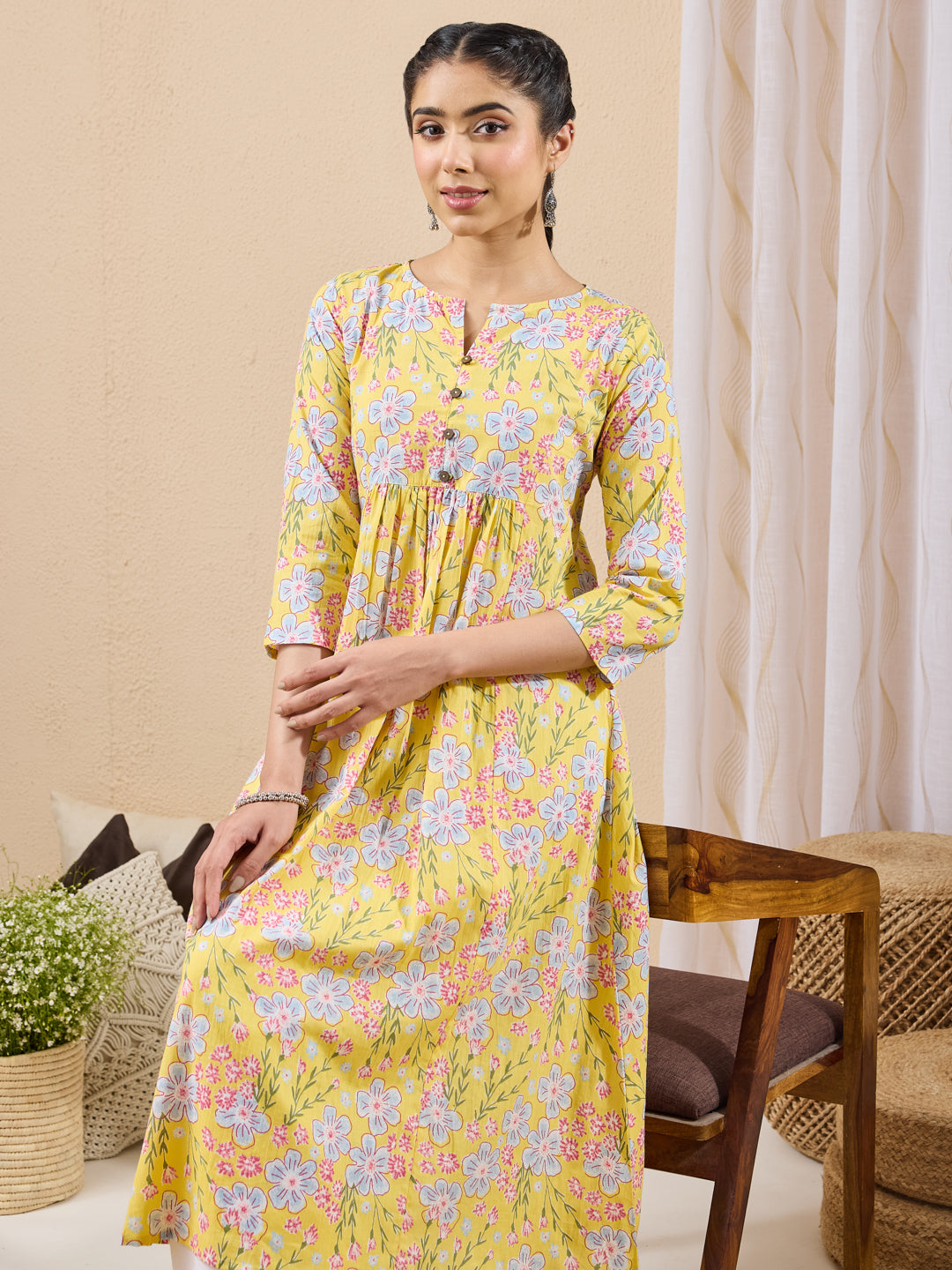 Janasya Women's Yellow Pure Cotton Floral Printed A-line Kurta