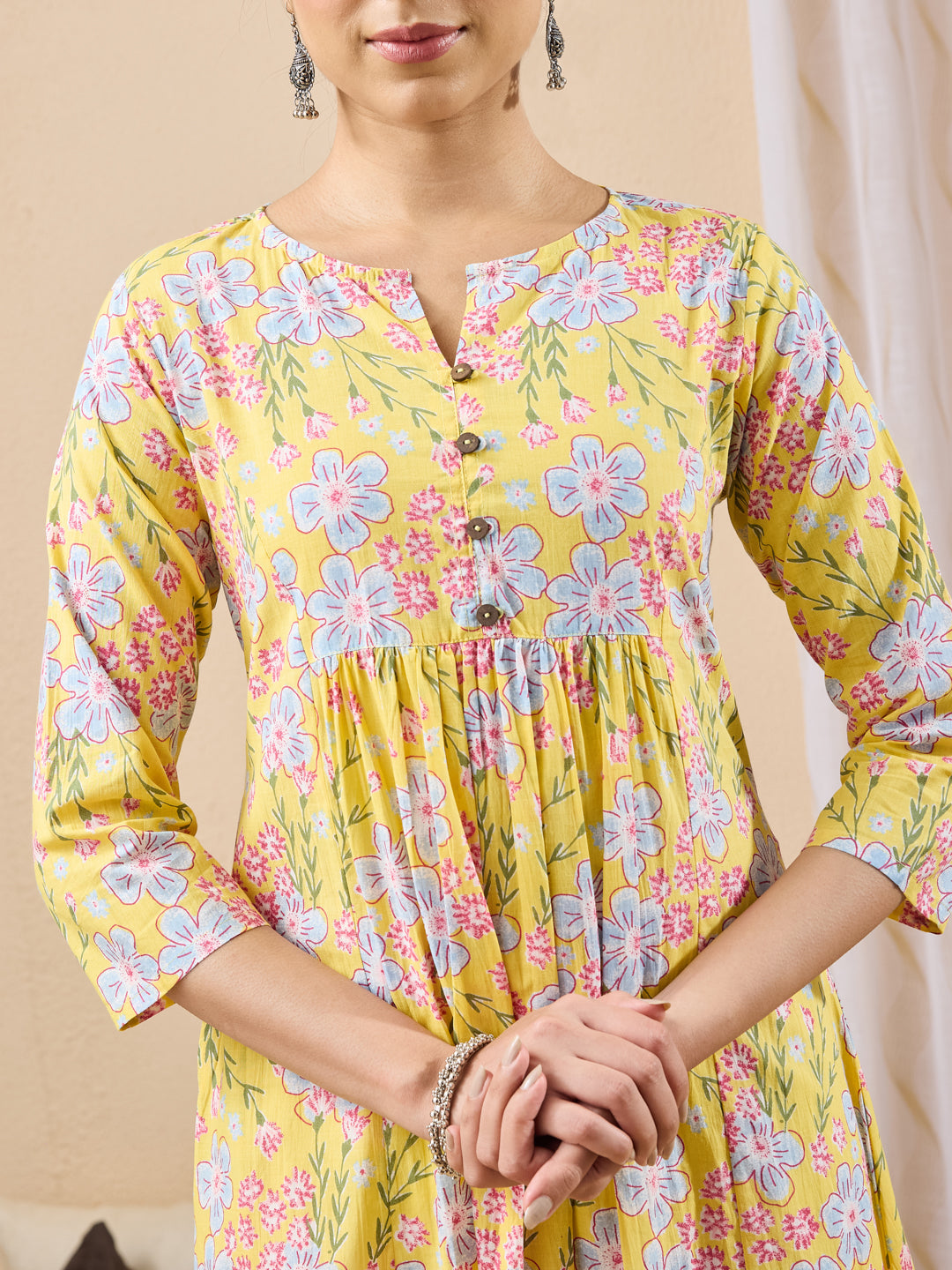 Janasya Women's Yellow Pure Cotton Floral Printed A-line Kurta